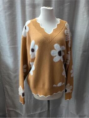 Oversize Orange Flower Scalloped Knit Sweater L